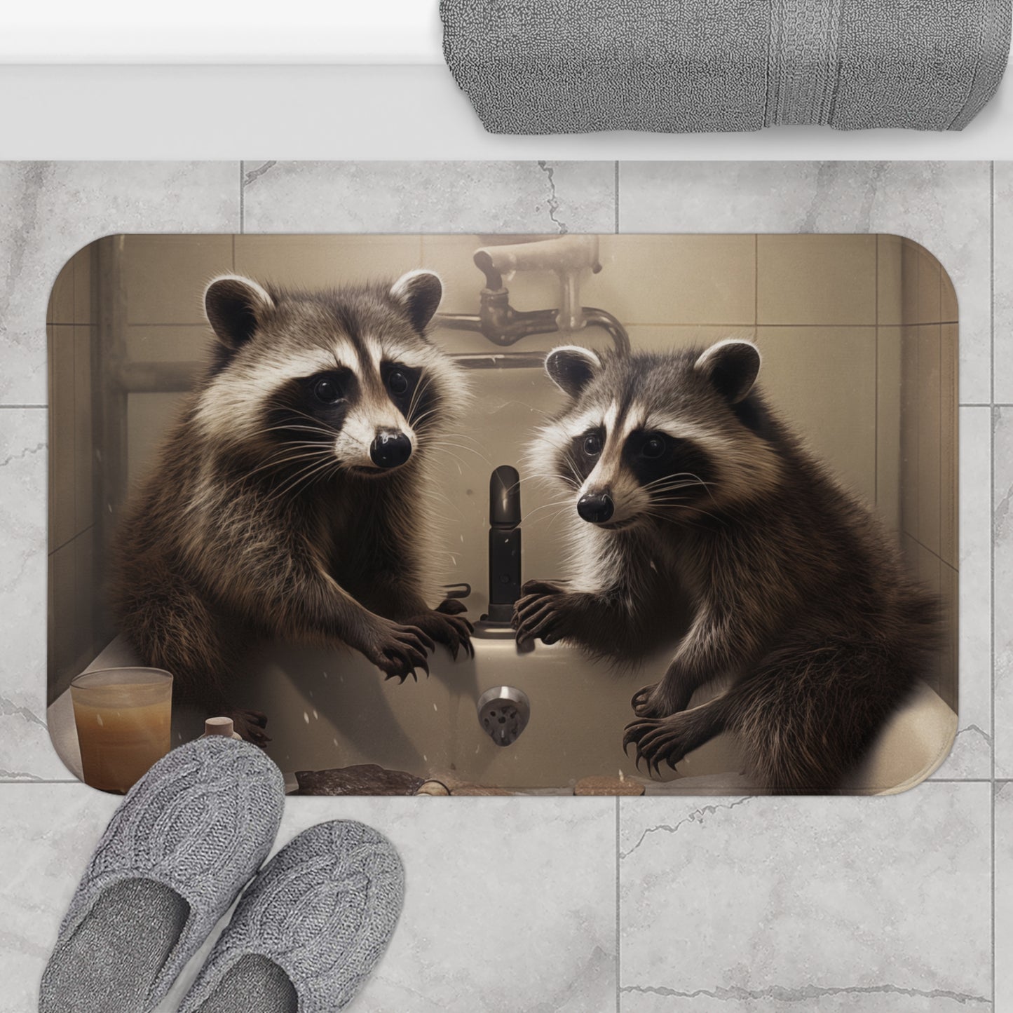 Funny Bath Mat - Non-Slip Rug, Bathroom Decor, Half Bath, Home Accessories, Bathing Raccoons, #5147
