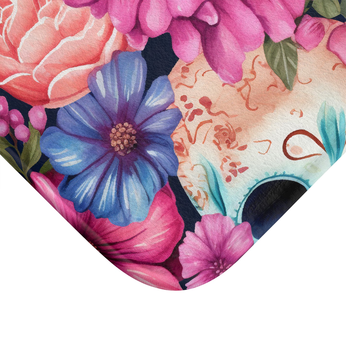 Floral Sugar Skulls Bath Mat - Non-Slip Bathroom Rug, Day of the Dead Decor, Shower Mat, Boho Home Accent, Skull Flower Bath