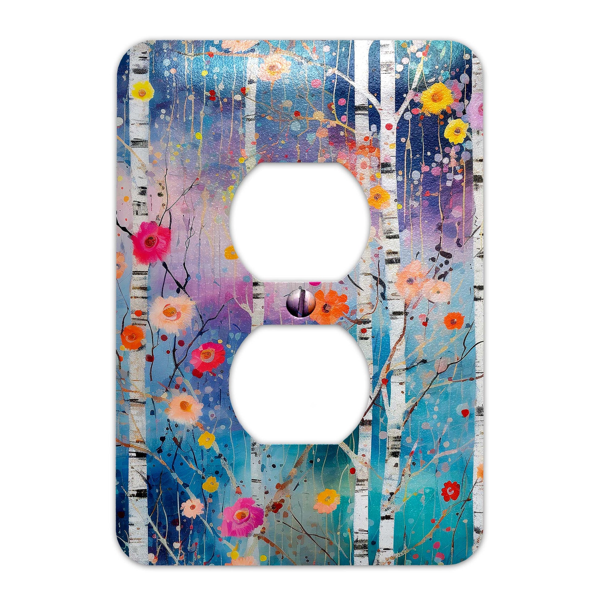 a light switch cover with a painting of flowers and birch trees