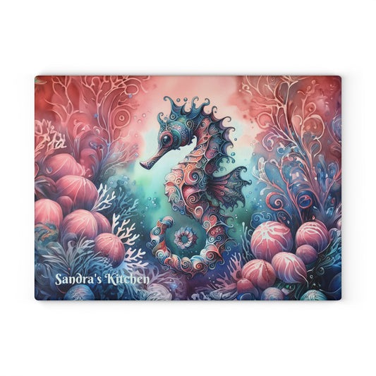 Personalized Mystical Seahorse Tempered Glass Cutting Board, Charcuterie Board, Trivet for Hot Dishes, Countertop Art, Kitchen Art #5155