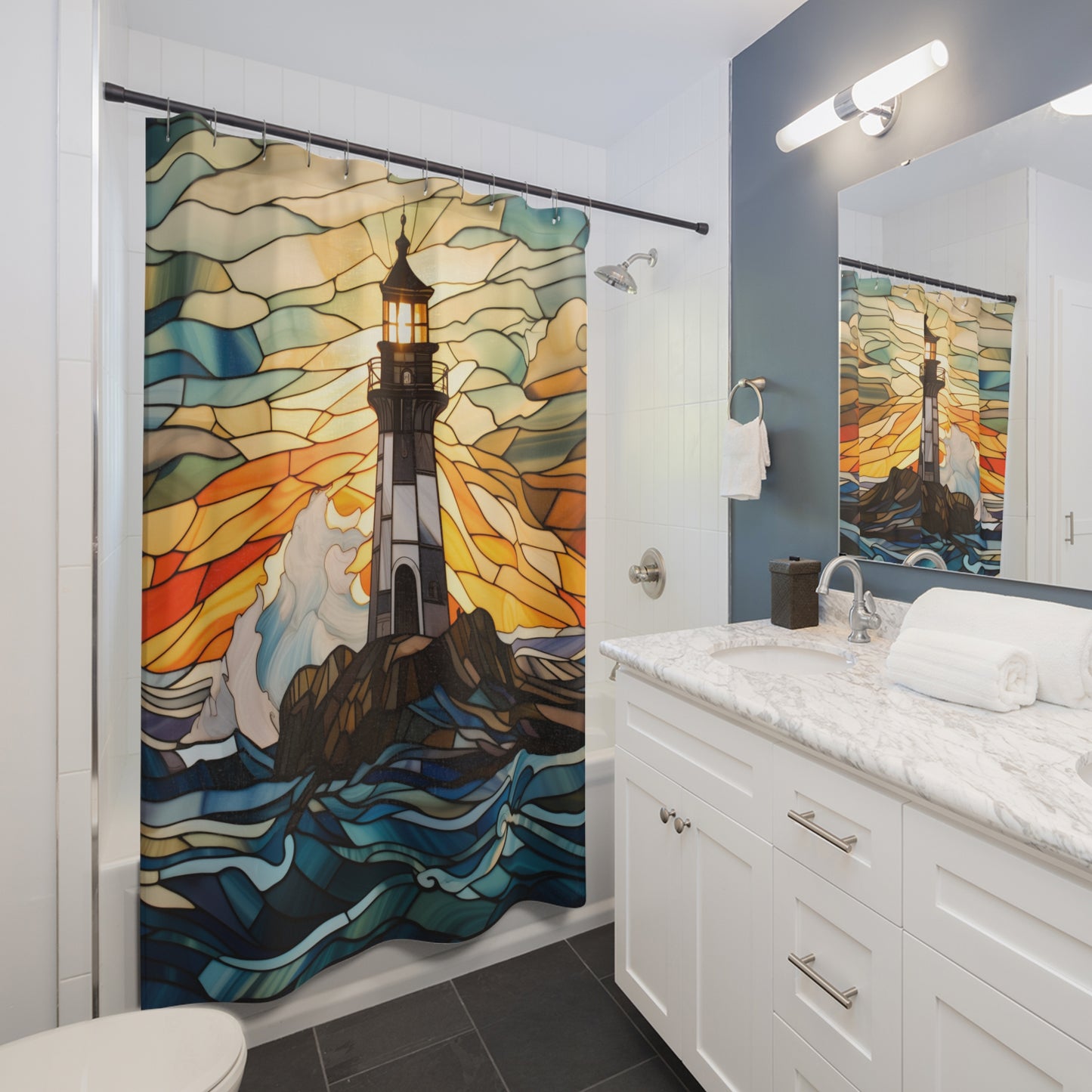 Shower Curtain - Lighthouse on Stained Glass Design , Bath Decor,  Coastal Themed Decor #5003