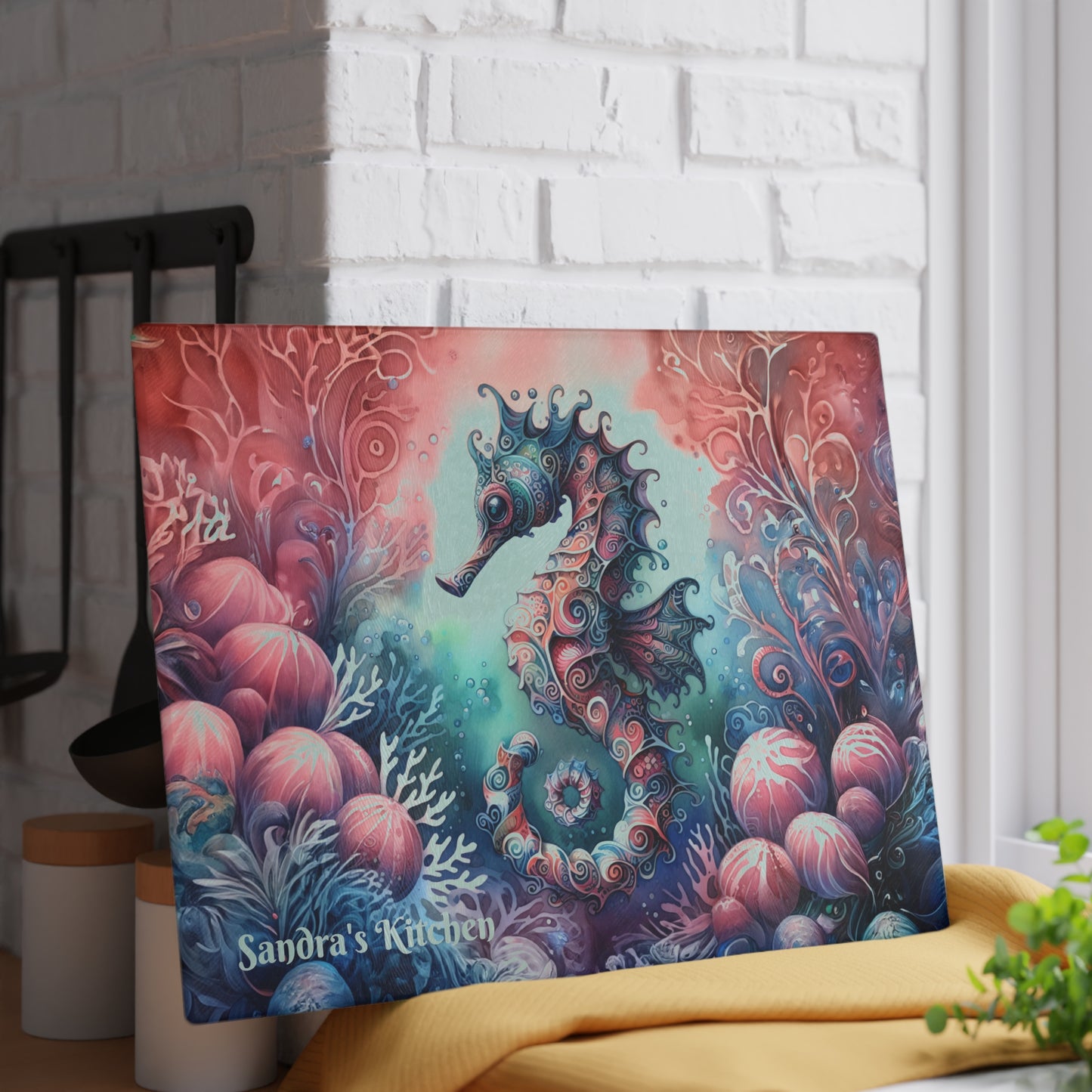 Personalized Mystical Seahorse Tempered Glass Cutting Board, Charcuterie Board, Trivet for Hot Dishes, Countertop Art, Kitchen Art #5155