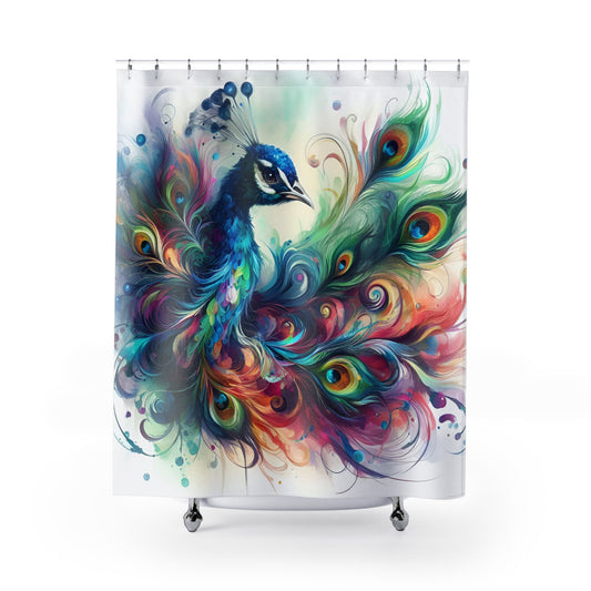 Custom Shower Curtain - Colorful Watercolor Peacock, Bathroom Makeover, Nature-Inspired,  71 x 74 inches  #5159
