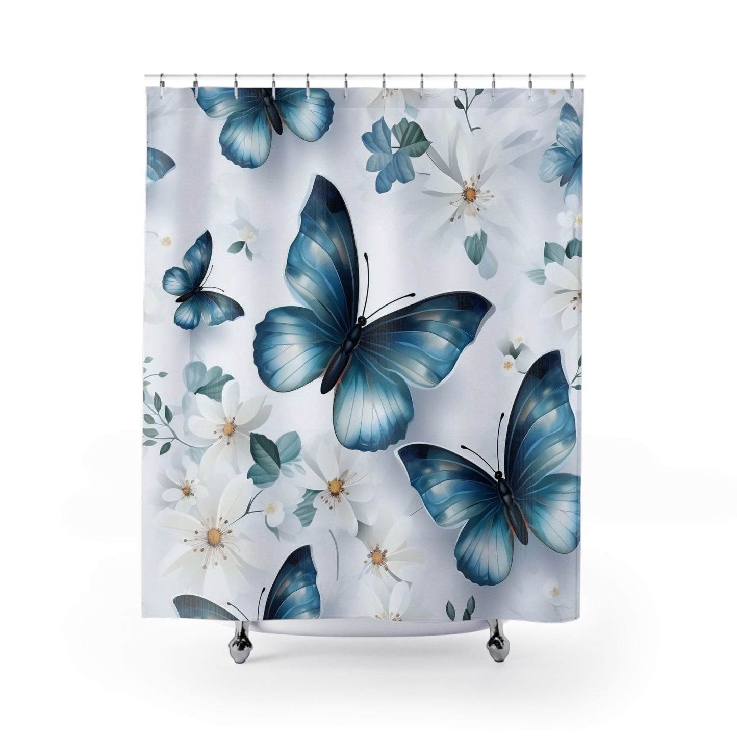 Blue Butterflies and Flowers Shower Curtain,  Nature Bathroom Decor, Botanical Bath Decor, Nature-Inspired Bathroom, Serene Bath Decor #5114