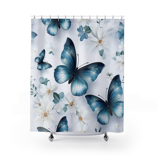 Blue Butterflies and Flowers Shower Curtain,  Nature Bathroom Decor, Botanical Bath Decor, Nature-Inspired Bathroom, Serene Bath Decor #5114