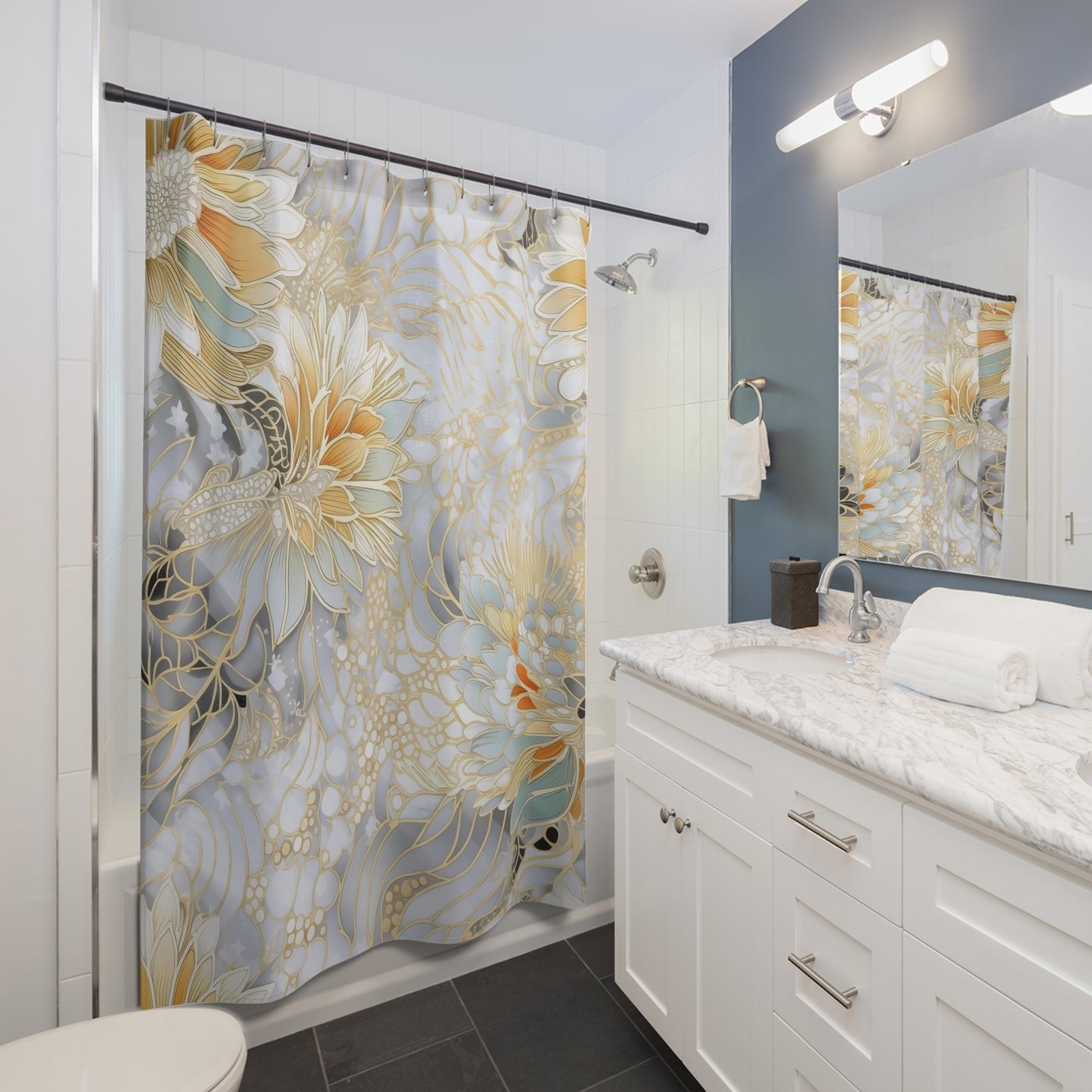 Japanese Style Gold and Silver Floral Shower Curtain,  Elegant Bathroom Decor, Nature-Inspired Bath, Bathroom Makeover,  #5120