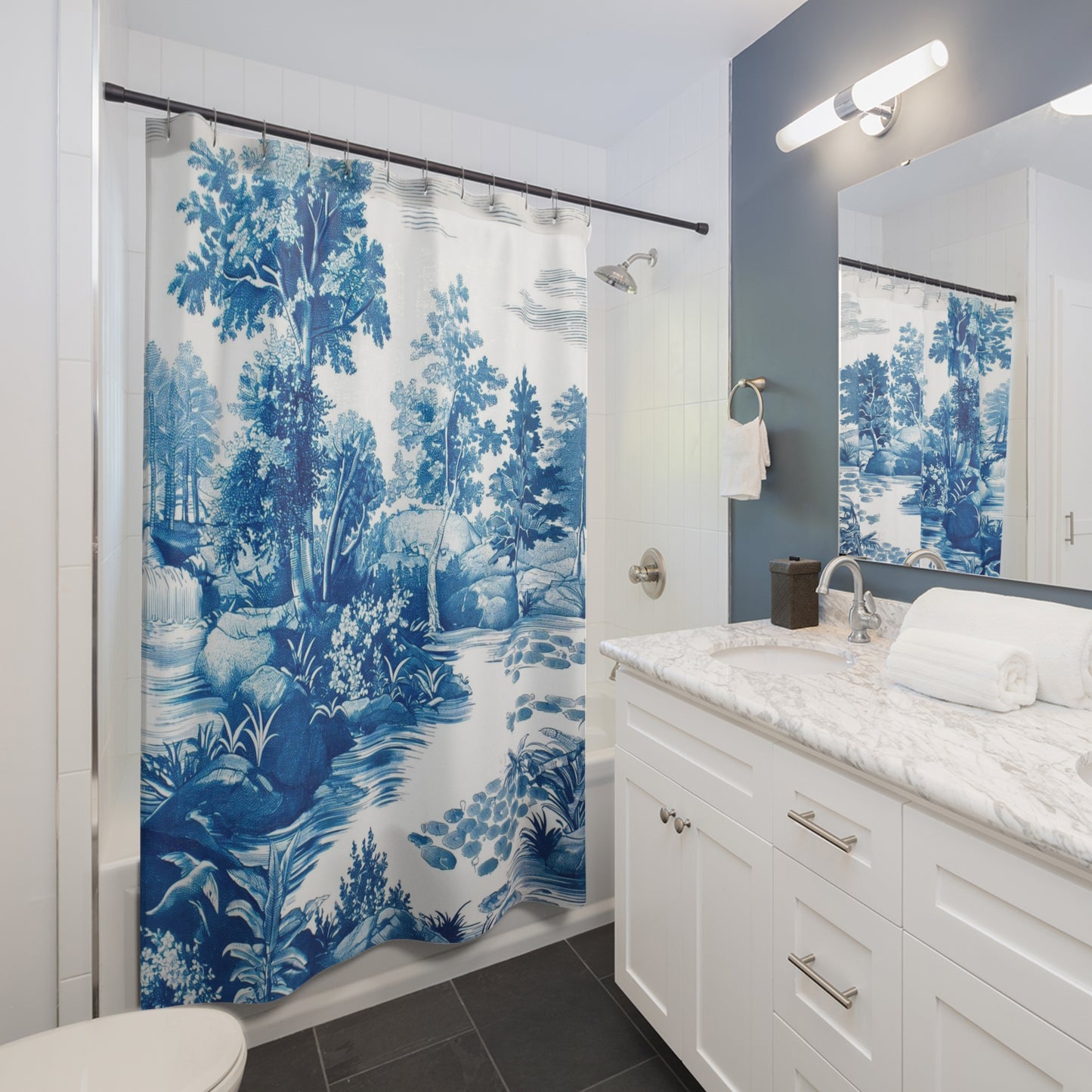 Shower Curtain - Blue Toile , Bath Decor, Unique Housewarming Gift  #5051