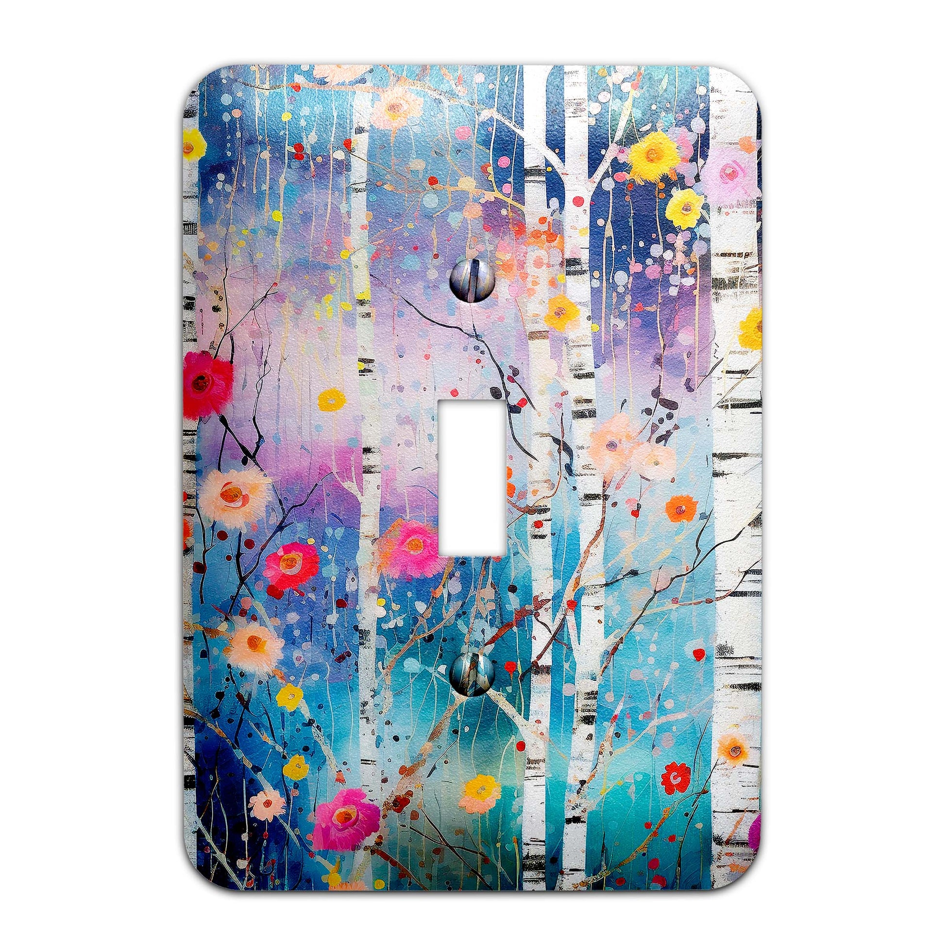 a light switch cover with a painting of trees and flowers