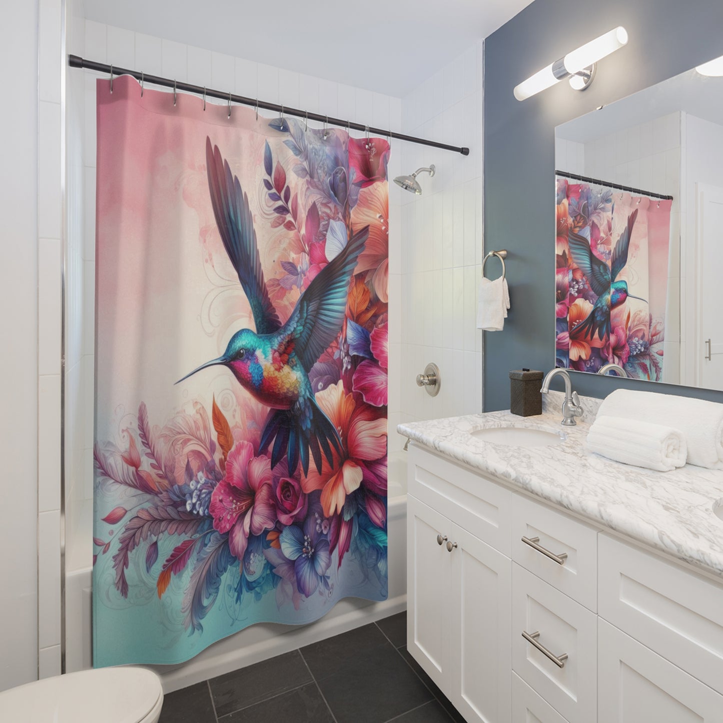 Shower Curtain - Delicate Hummingbird on Flowers,  Elegant Bathroom Decor, Nature-Inspired Bath, Bathroom Makeover,  #5127