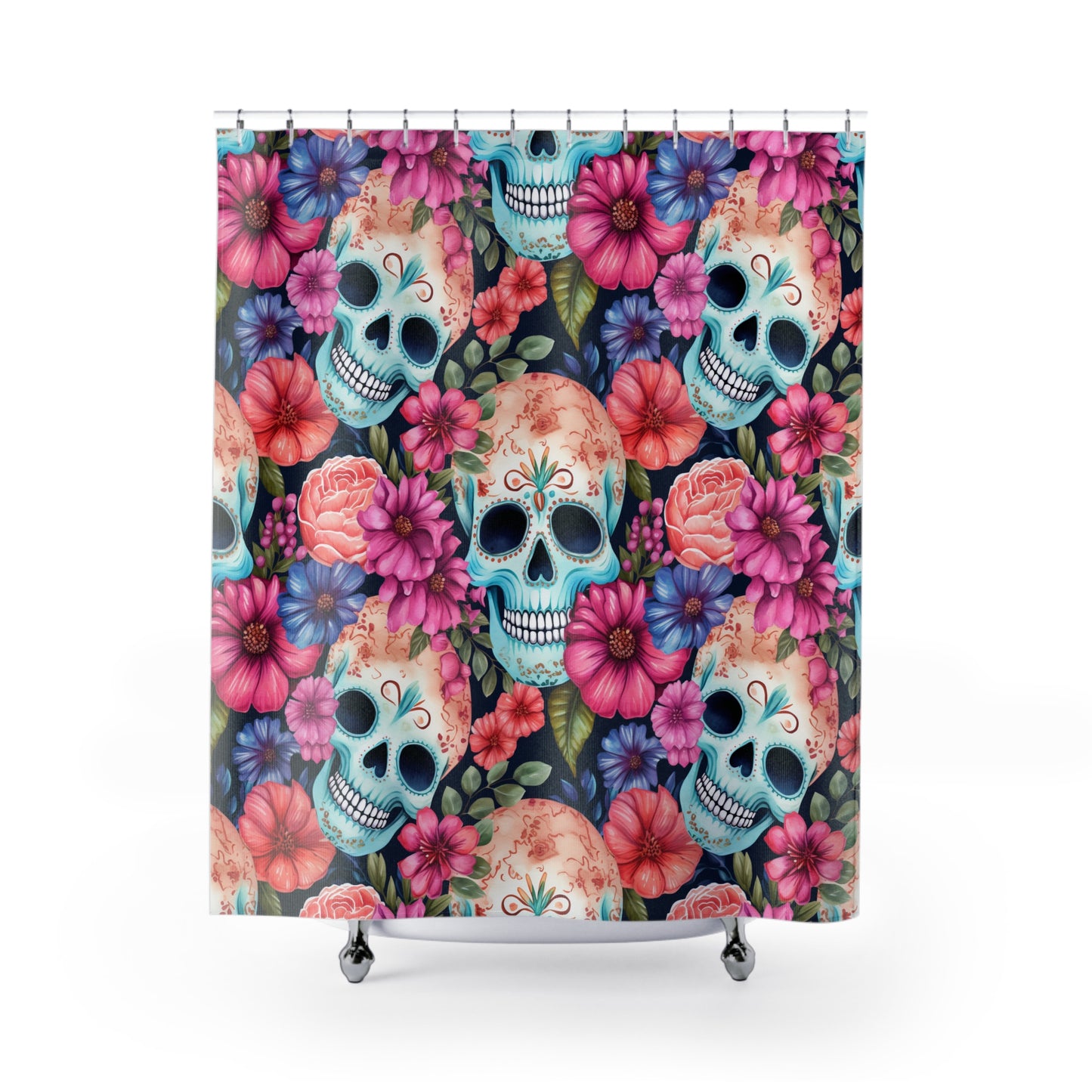 Floral Sugar Skull Shower Curtain - Day of the Dead Bathroom Decor, Gothic Skulls Bath Curtain, Boho Floral Bath Accessories, Unique #5181