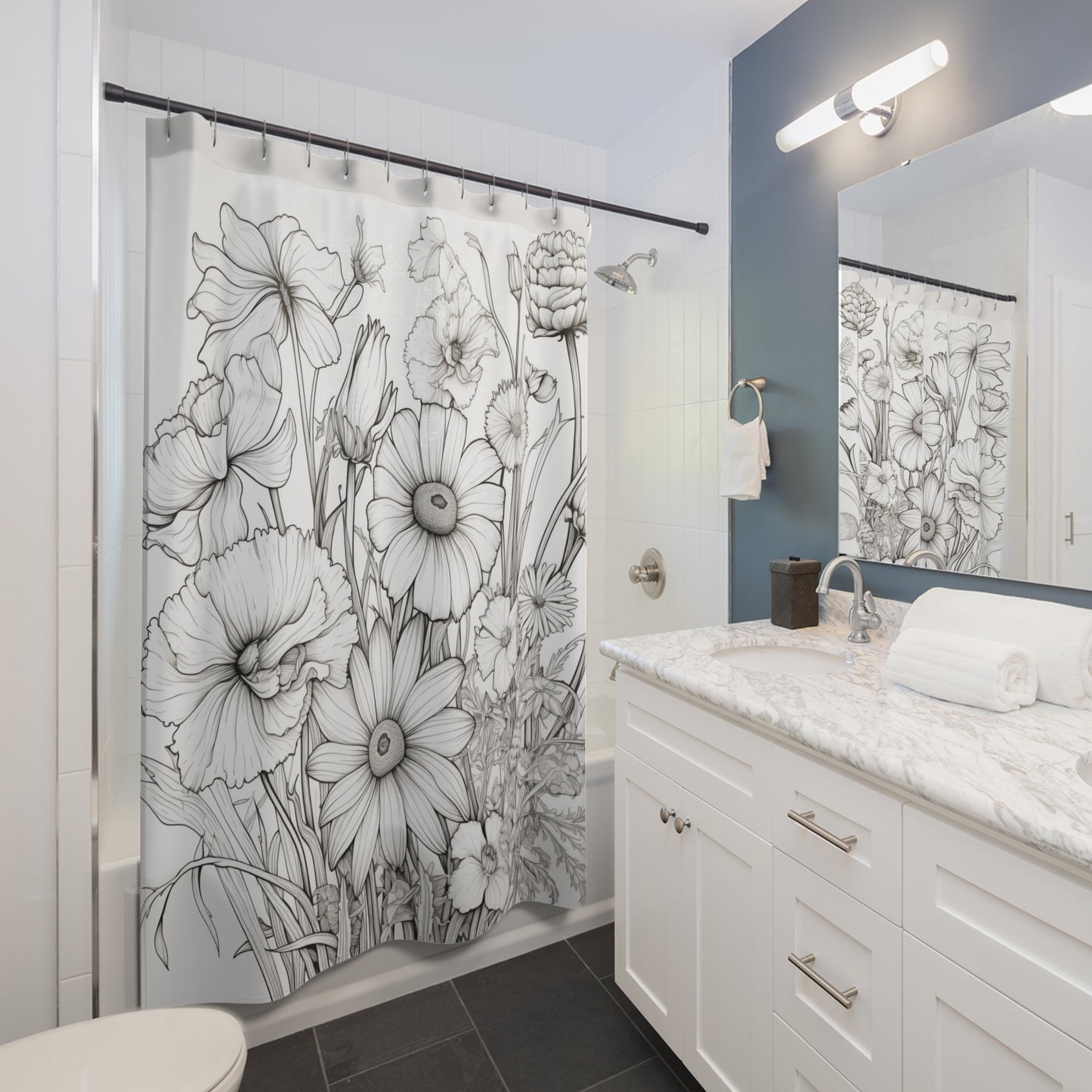 Shower Curtain - Minimalist Wildflowers in Black and White, Bath Décor, Unique Housewarming Gift  #5093
