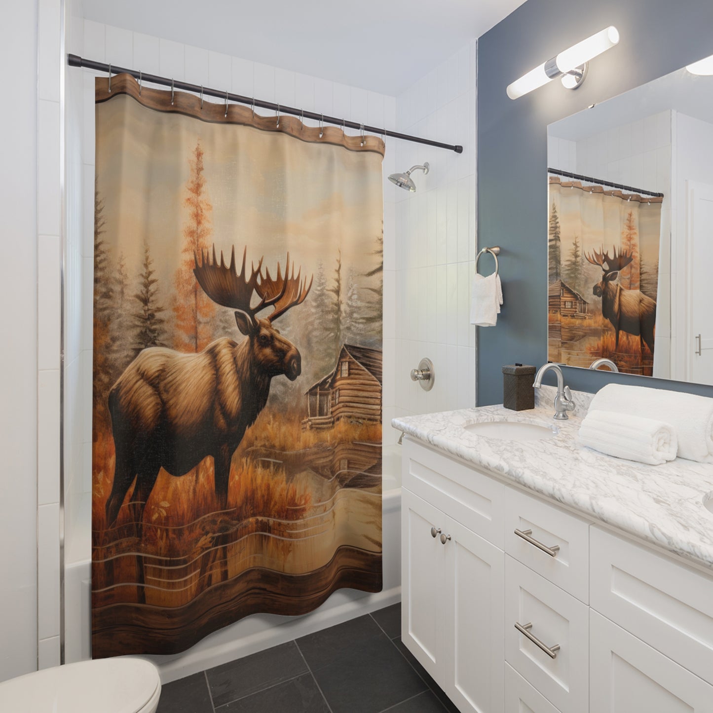 Rustic Cabin Moose Shower Curtains, Woodland Lodge Bathroom Decor, Wildlife Nature Home Accessory, Animal Country Bath Curtain, Rustic 4746