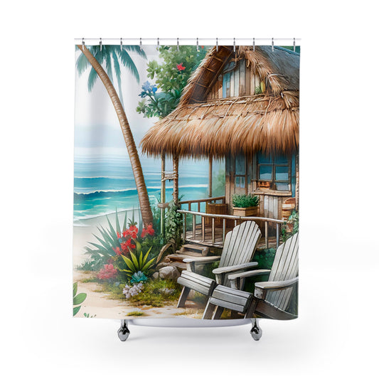 Beach Tiki Hut Shower Curtains, Ocean Bathroom Décor, Tropical Nature Home Accessory, Beach Bath Curtain, 4848