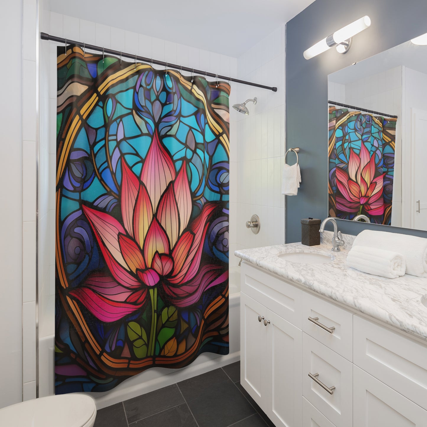 Peaceful Lotus Flower on Stained Glass Shower Curtain, Bath Decor