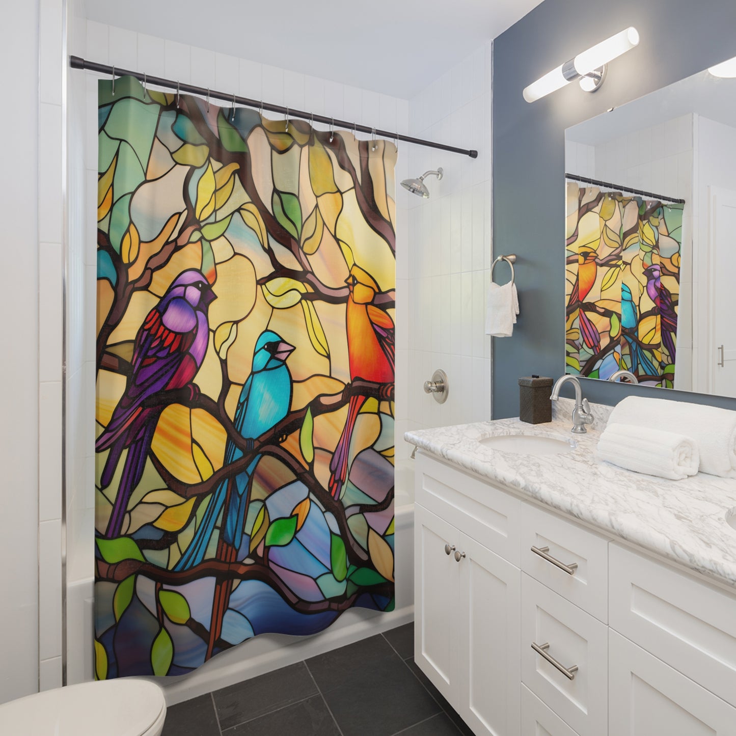 Birds on Stained Glass Design Shower Curtain, Bath Decor,  #5016