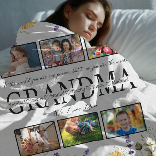 Grandma Photo Blanket - You Are Our World Personalized Plush Blanket, Couch Blanket, Bed Blanket, Travel Blanket, RV Blanket #5161