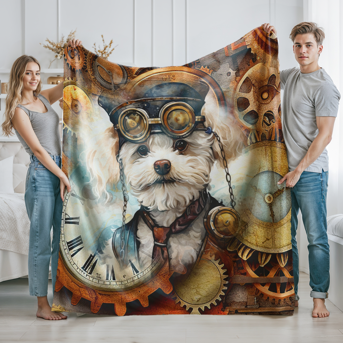 Steampunk Dog Velveteen Plush Blanket, Steampunk Fan, Dog Mom Gift, Dog Lover, Available in 2 sizes, #5056