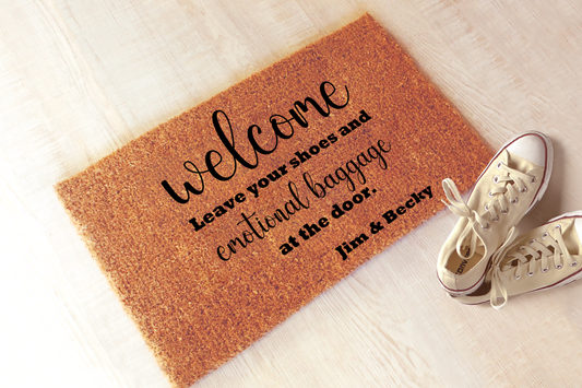 Welcome, Leave Your Shoes and Emotional Baggage at the Door Doormat | Personalized Welcome Mat, Housewarming Gift for Therapist, Social Worker #5357