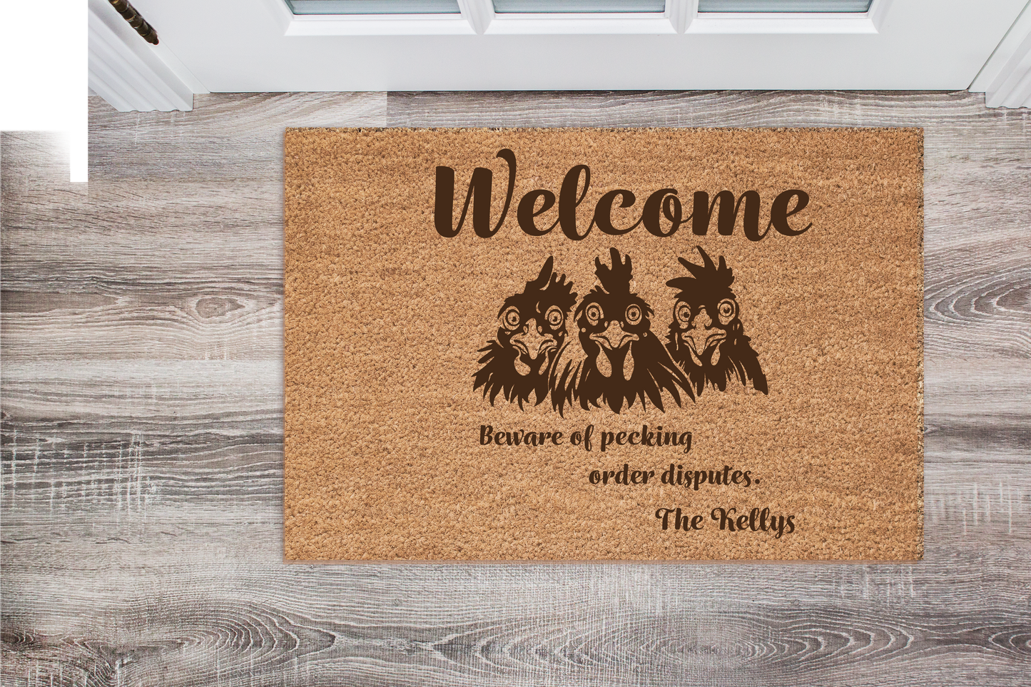 Welcome Beware of Pecking Order Disputes Doormat | Personalized Welcome Mat, Housewarming Gift #5354