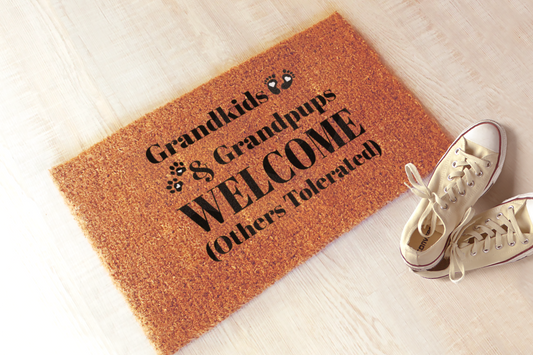 Grandkids and Grandpups Welcome All Others Tolerated Doormat | Personalized Welcome Mat, Housewarming Gift #5346