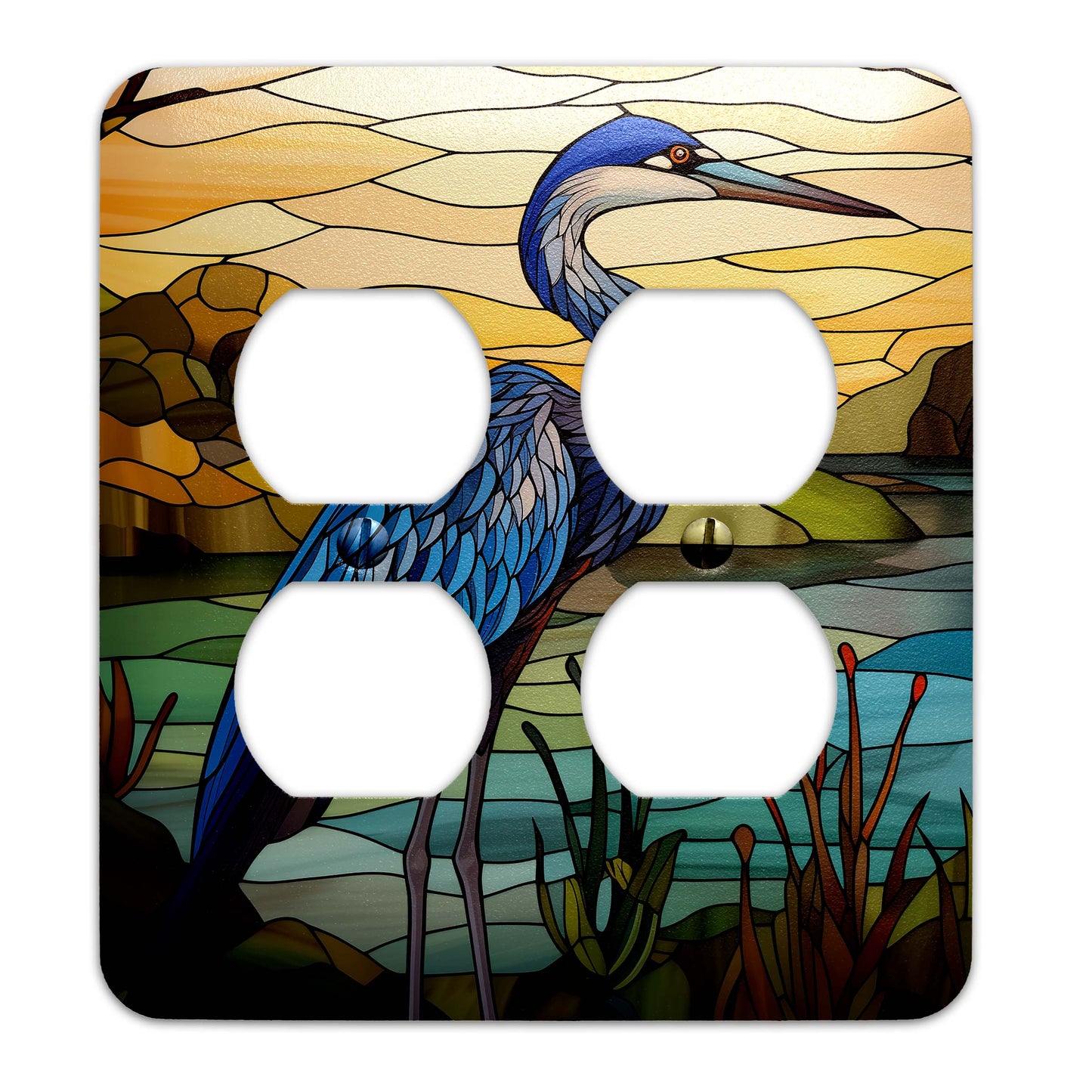 Metal SwitchPlate - Blue Heron on Stained Glass Light Switch Cover, Multiple Sizes - #5290