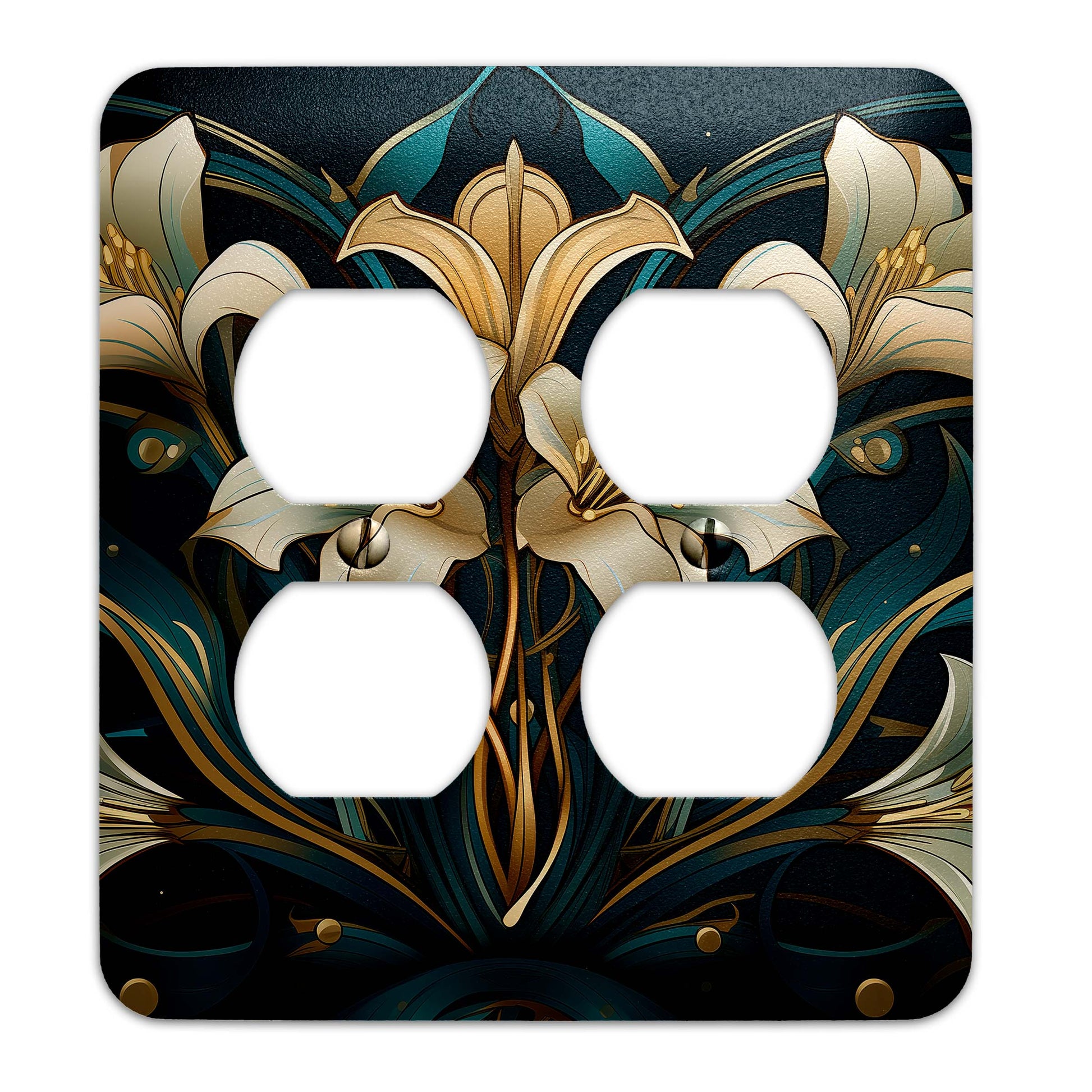 Elegant Art Nouveau light switch plate in gold and teal with floral lily design, made of durable metal, perfect for vintage and modern decor.