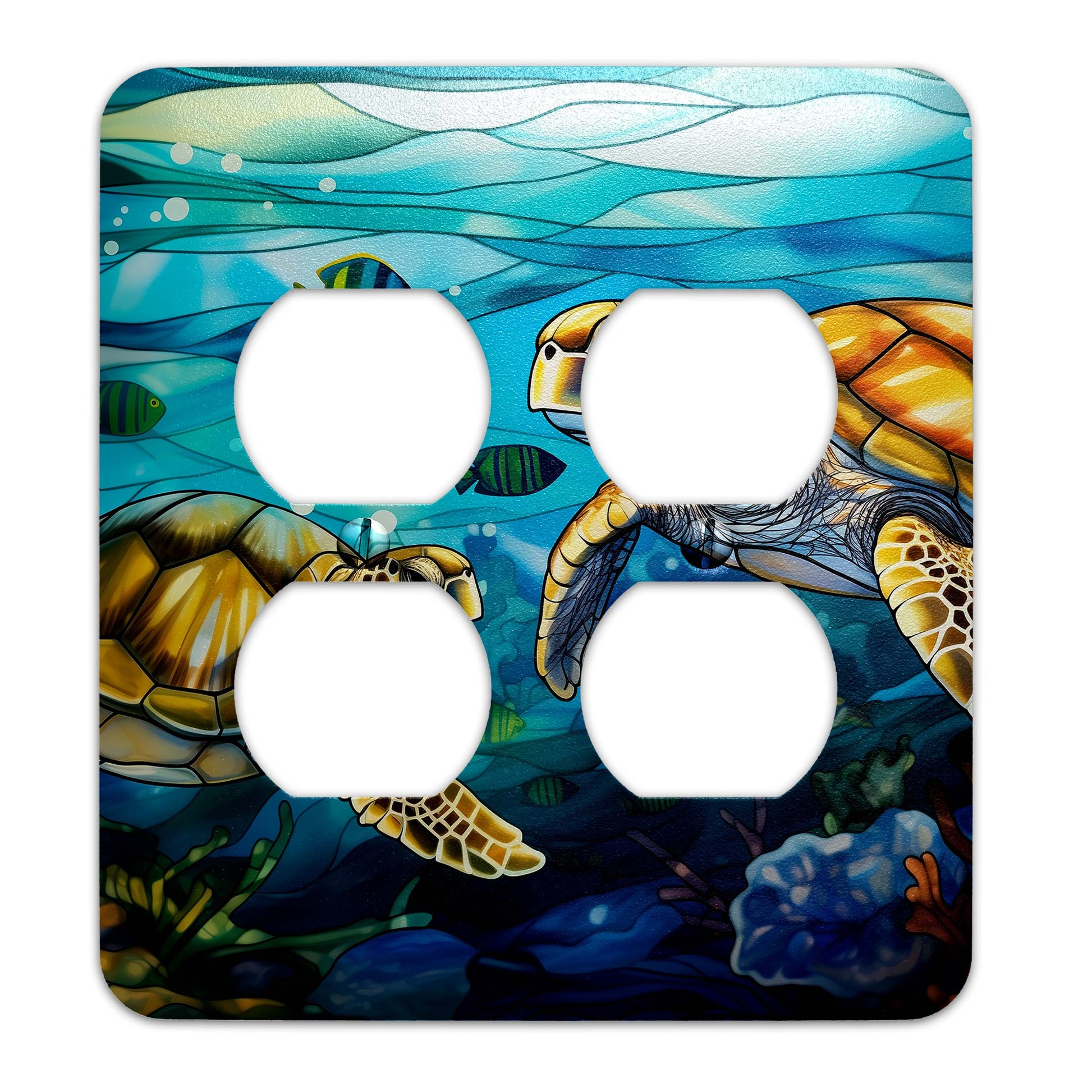 Sea Turtle Ocean Stained Glass Metal Switch Plate - Light Switch Cover in Blue and Green Coastal Design