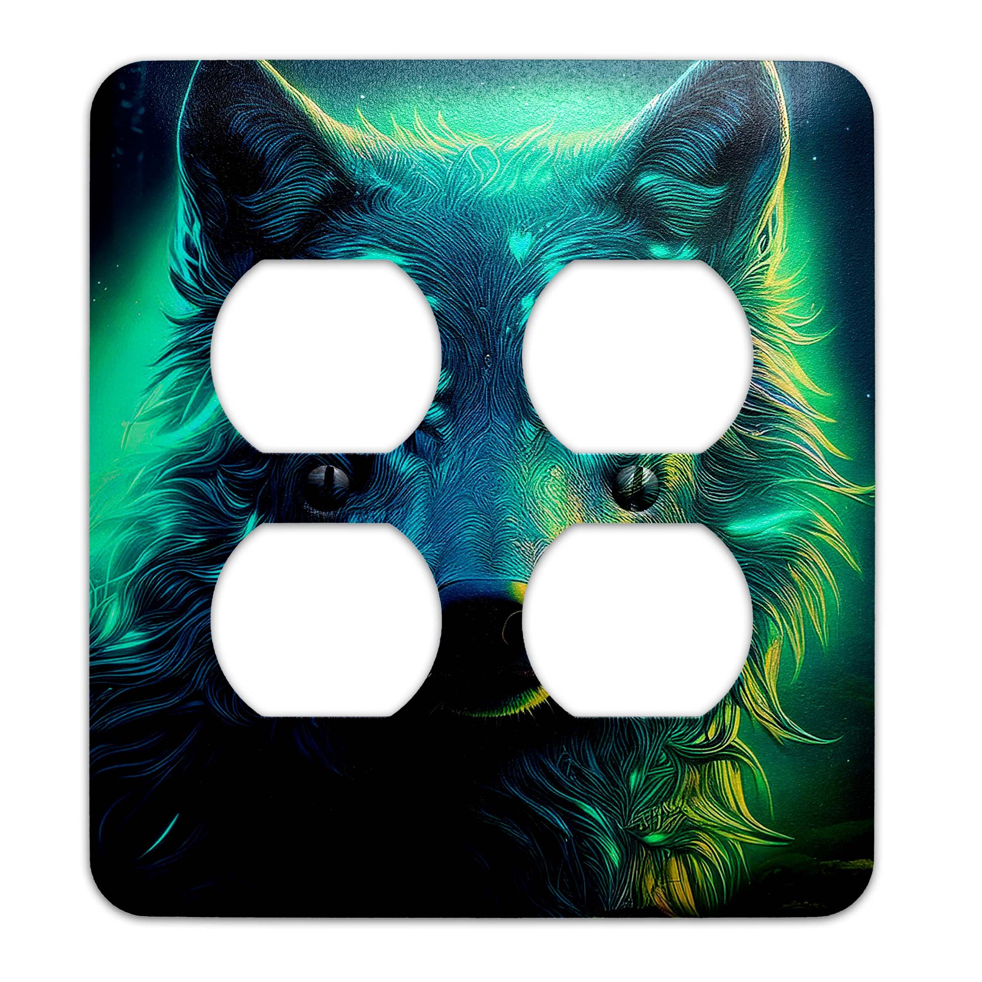 Moonlit wolf light switch cover featuring a detailed silhouette of a howling wolf against a full moon, rustic wildlife decor, available in multiple sizes