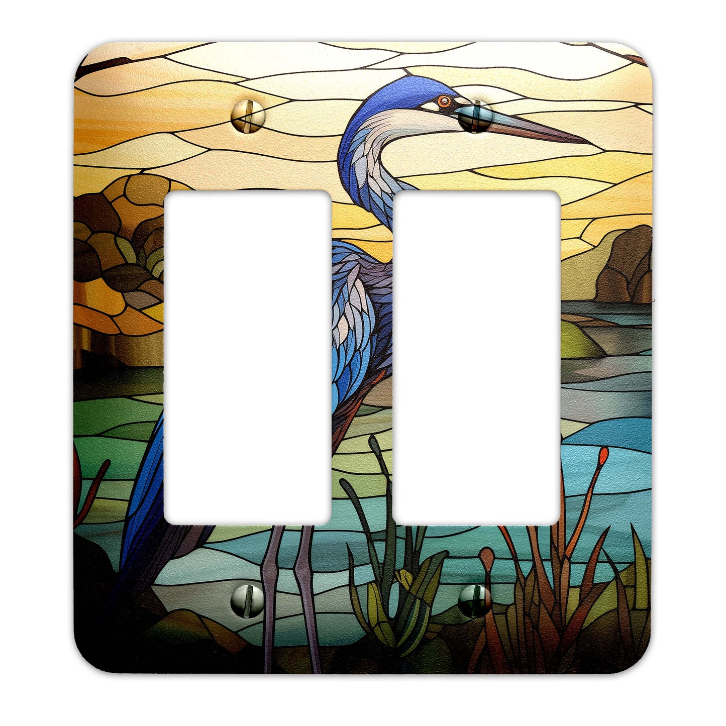 Metal SwitchPlate - Blue Heron on Stained Glass Light Switch Cover, Multiple Sizes - #5290