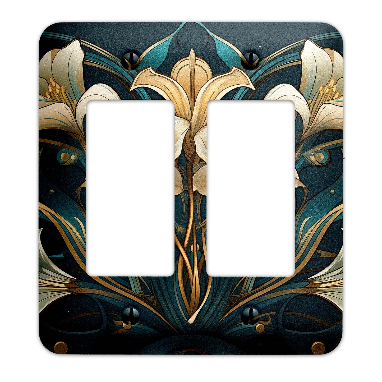 Elegant Art Nouveau light switch plate in gold and teal with floral lily design, made of durable metal, perfect for vintage and modern decor.