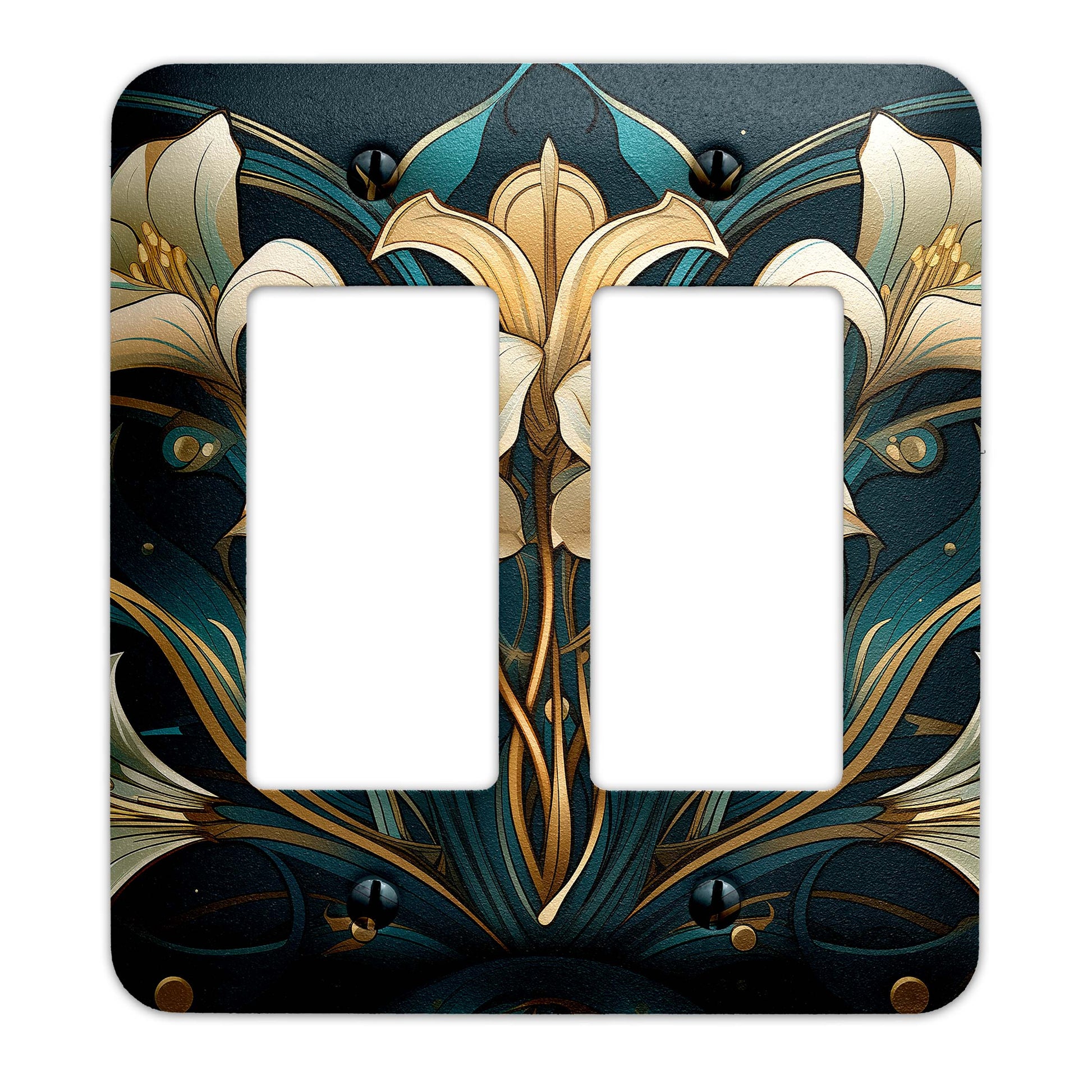 Elegant Art Nouveau light switch plate in gold and teal with floral lily design, made of durable metal, perfect for vintage and modern decor.