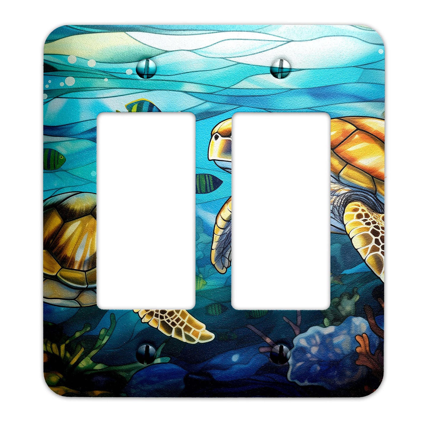 Sea Turtle Ocean Stained Glass Metal Switch Plate - Light Switch Cover in Blue and Green Coastal Design