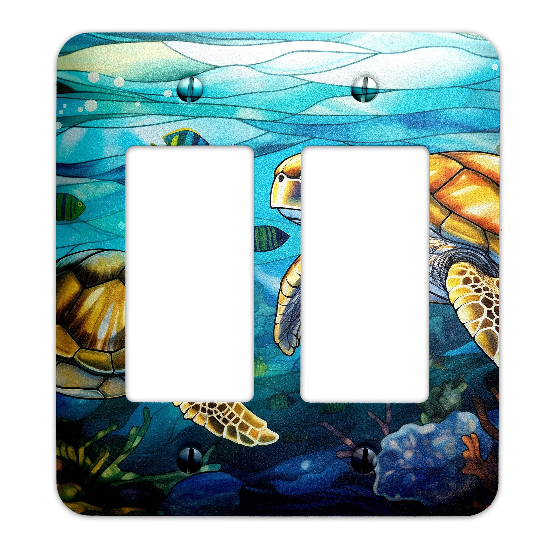Sea Turtle Ocean Stained Glass Metal Switch Plate - Light Switch Cover in Blue and Green Coastal Design