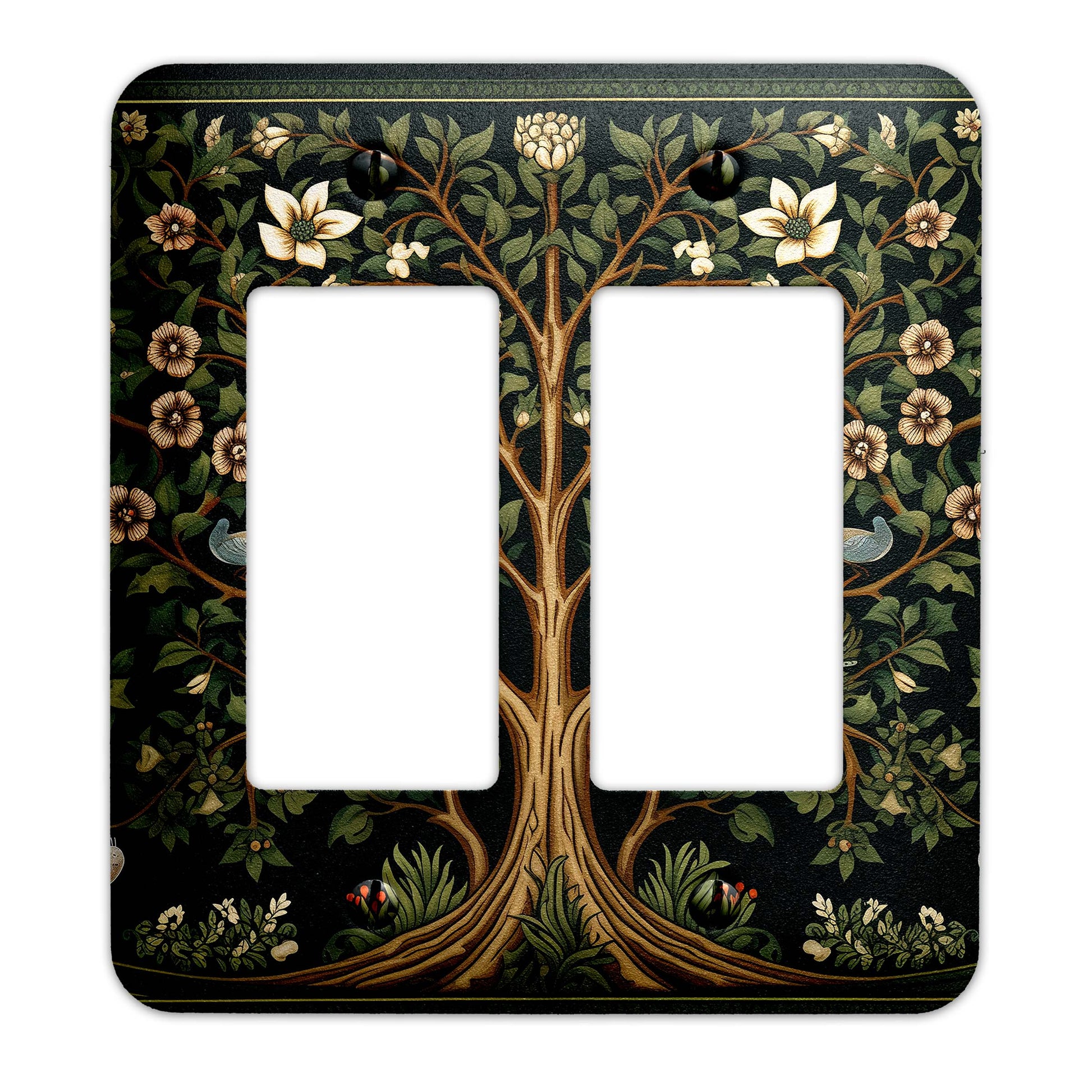 William Morris-inspired Tree of Life light switch cover featuring intricate floral and nature-inspired detailing, decorative wall plate available in multiple sizes.