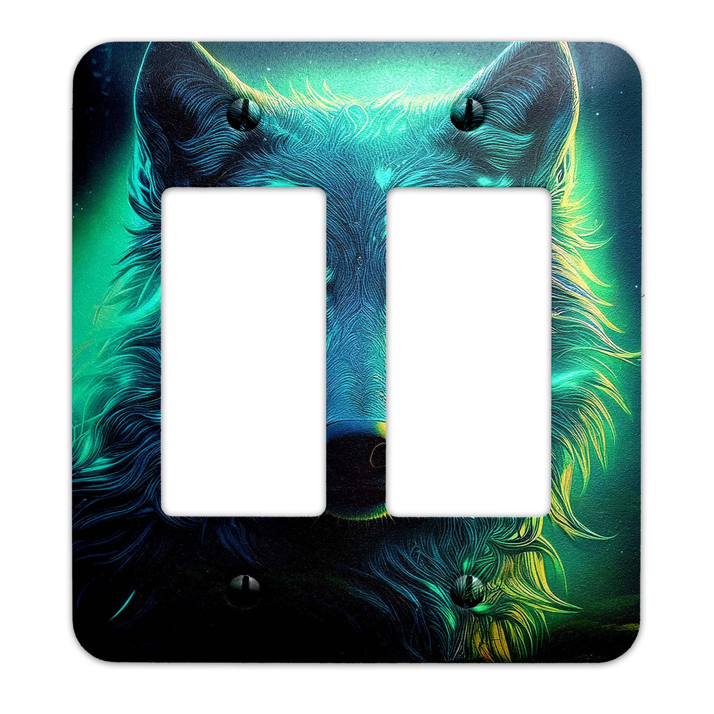 Moonlit wolf light switch cover featuring a detailed silhouette of a howling wolf against a full moon, rustic wildlife decor, available in multiple sizes