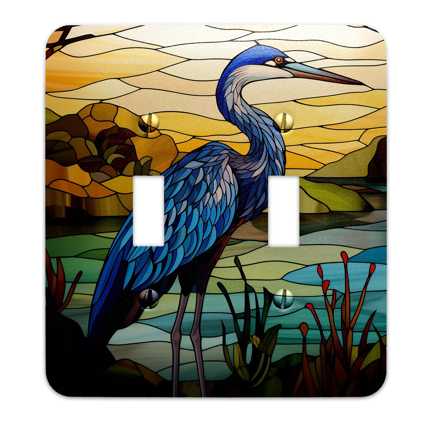 Metal SwitchPlate - Blue Heron on Stained Glass Light Switch Cover, Multiple Sizes - #5290