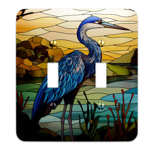 Metal SwitchPlate - Blue Heron on Stained Glass Light Switch Cover, Multiple Sizes - #5290