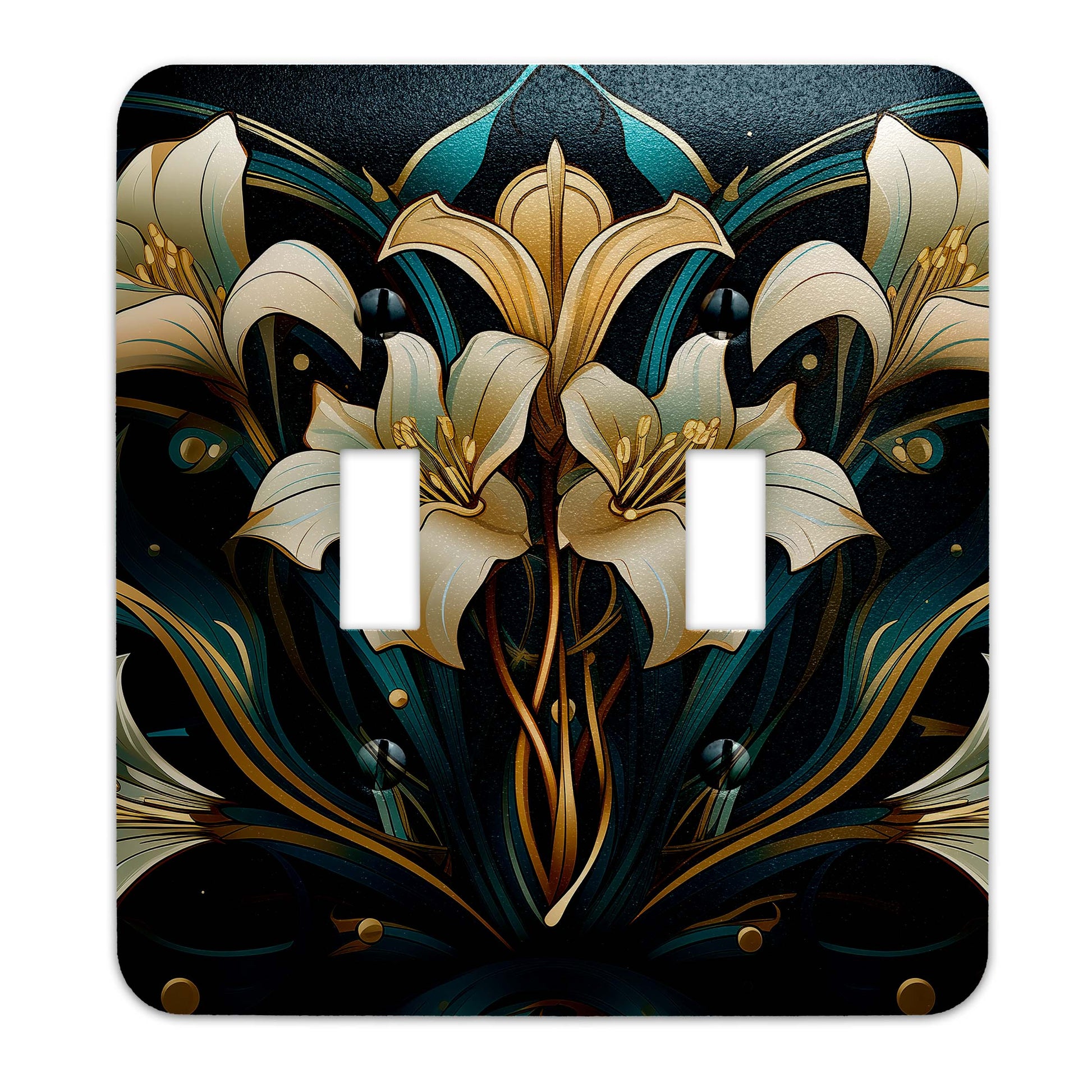 Elegant Art Nouveau light switch plate in gold and teal with floral lily design, made of durable metal, perfect for vintage and modern decor.