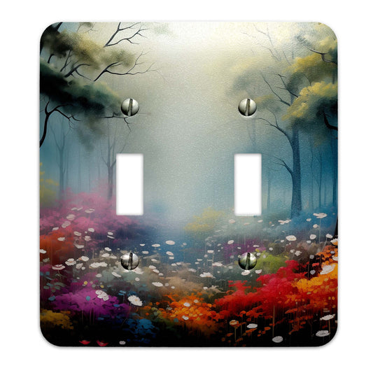 Metal light switch cover featuring an abstract wildflower fantasy design with vibrant colors, perfect for adding a whimsical and artistic touch to home decor.