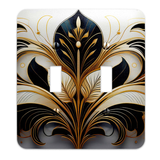 Art Deco black and gold metal switch plate with geometric patterns, decorative switch cover available in multiple sizes
