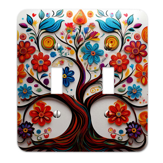 Folk Art Tree of Life metal switch plate with vibrant colors, decorative light switch cover available in multiple sizes.