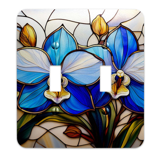 Blue orchids on a stained glass metal switch plate, decorative light switch cover available in multiple sizes.