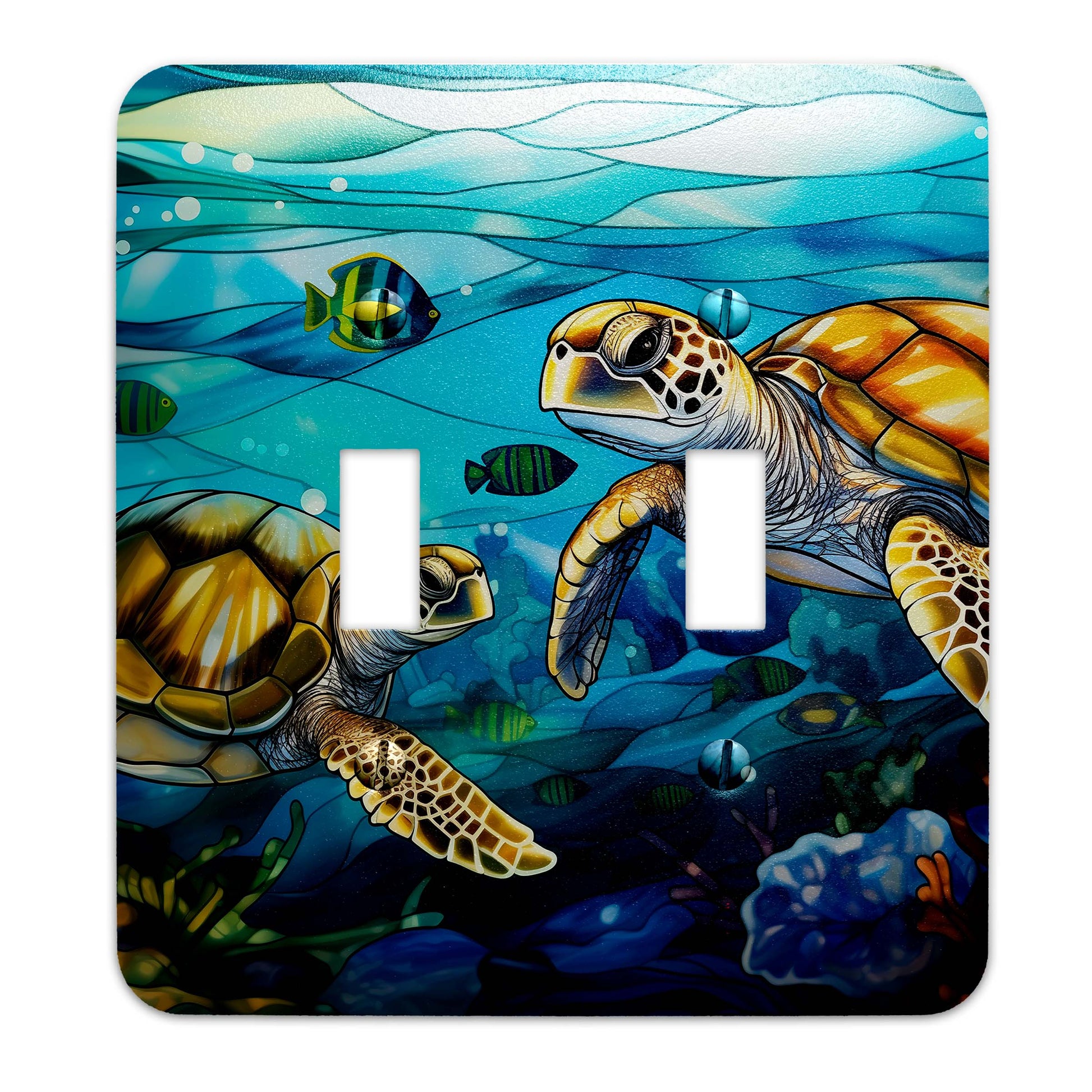 Sea Turtle Ocean Stained Glass Metal Switch Plate - Light Switch Cover in Blue and Green Coastal Design