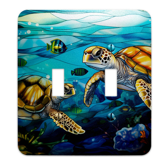 Sea Turtle Ocean Stained Glass Metal Switch Plate - Light Switch Cover in Blue and Green Coastal Design