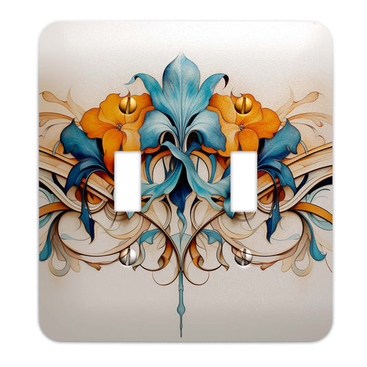 Art Deco Floral Light Switch Cover - Blue and Orange Metal Switch Plate with Vintage-Inspired Design