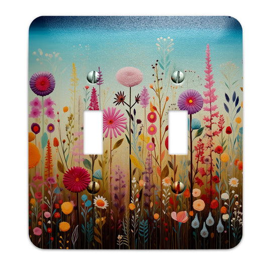 Folk art wildflower meadow switch plate, rustic floral light switch cover, metal switch plate with flowers, country home decor, boho wildflower wall plate