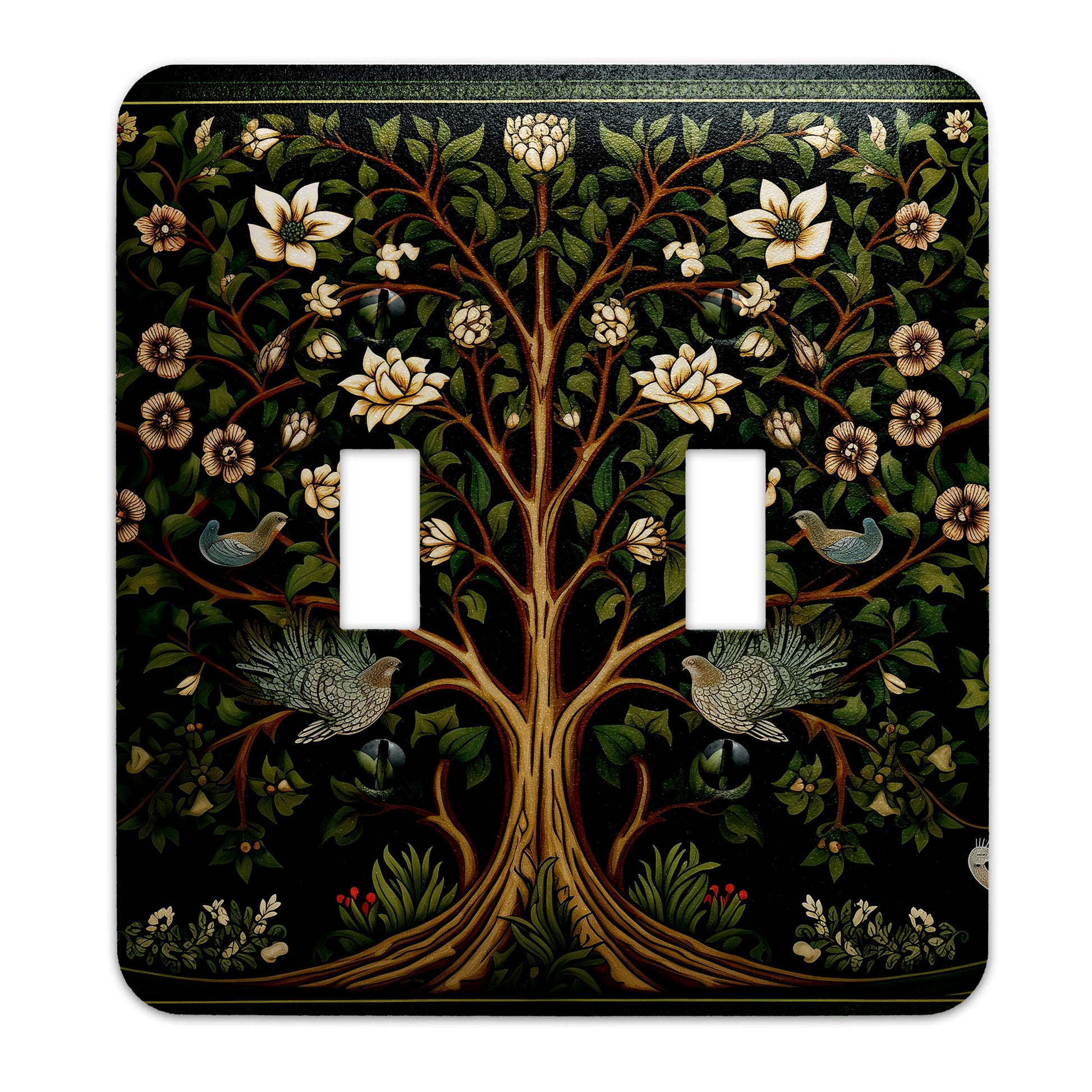 William Morris-inspired Tree of Life light switch cover featuring intricate floral and nature-inspired detailing, decorative wall plate available in multiple sizes.