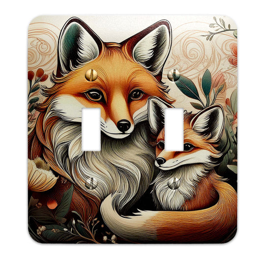 Art Deco light switch cover featuring a sleek fox family design with geometric patterns, decorative wallplate available in multiple sizes.