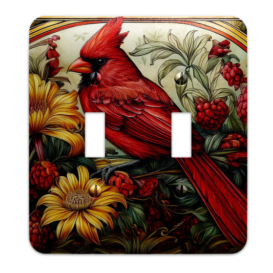 Red Cardinal Art Nouveau light switch cover featuring intricate vintage-style detailing, decorative wallplate available in multiple sizes.