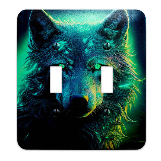 Moonlit wolf light switch cover featuring a detailed silhouette of a howling wolf against a full moon, rustic wildlife decor, available in multiple sizes